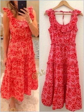 J. Crew Red Pink Floral Ruffle Midi Dress